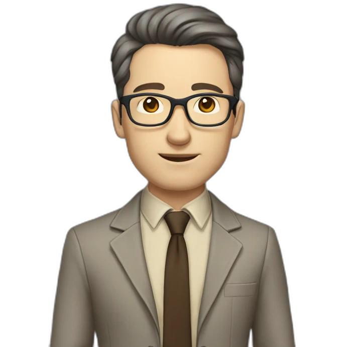 Full height Gesticulating Pale skinned fit man with dark brown hair in gray jacket, beige office shirt, brown tie, brown pants and vintage glasses. emoji