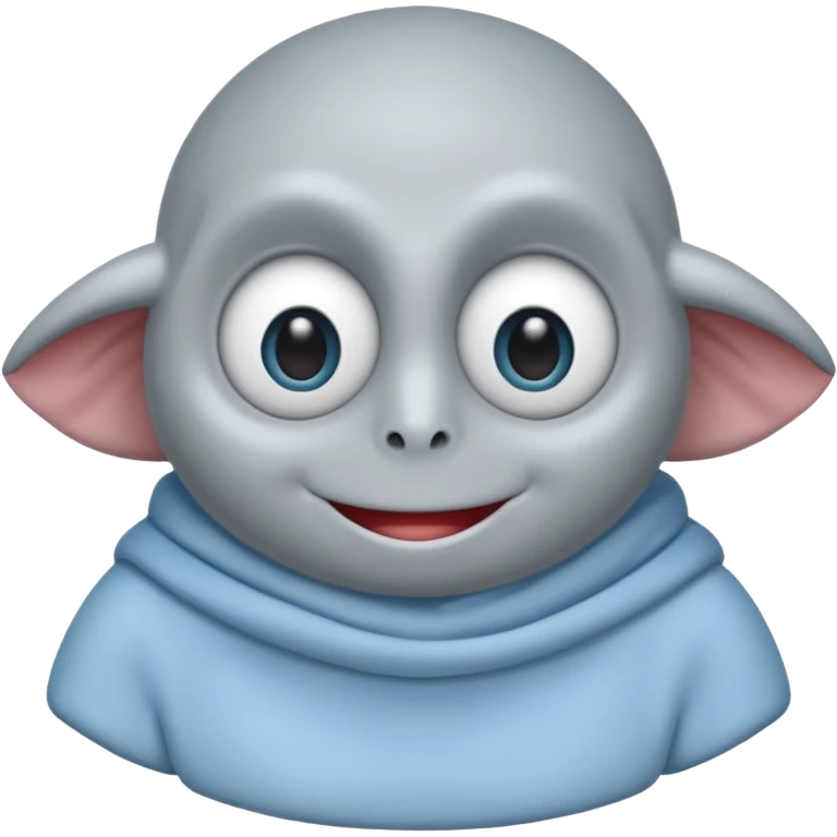 No head..it has 1 eye....stands upright ...wears clothing. is light grey and light blue..looks happy and cuddly... doesnt have a full head.... there is a appendage coming out of top of body with a single large eye emoji
