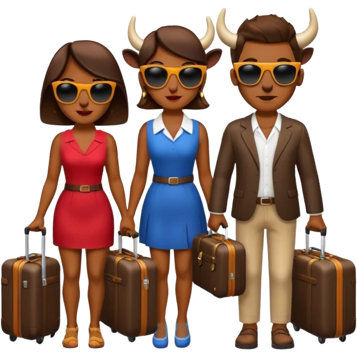 generate an emoji of a group of up to 8 male and female bulls travelling together on holidays. Include sunglasses and suitcases emoji