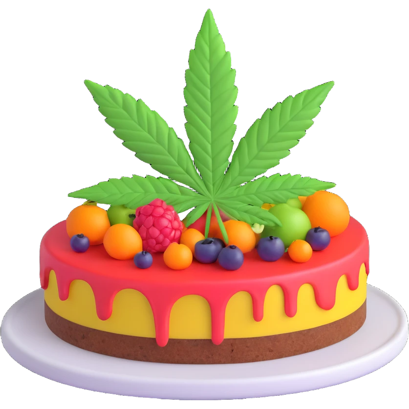colorful frosted fruit cake with cannabis leaf on a plate emoji