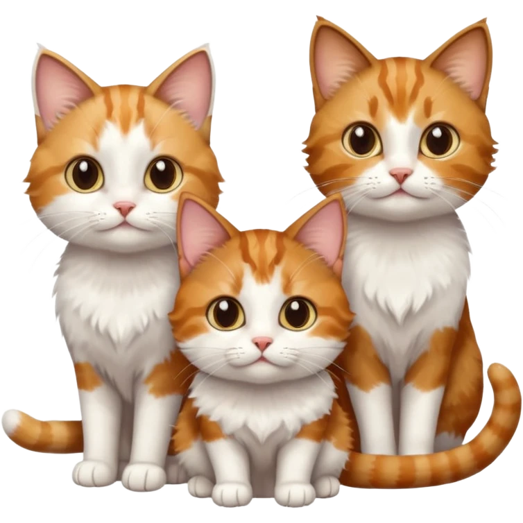 3 small cats different colours including brown tabby and white, light patchy calico, and ginger and white emoji