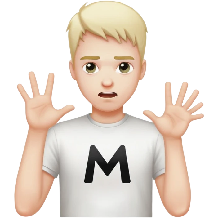 A guy throwing up wearing a white t-shirt with a big black M on the t-shirt  emoji
