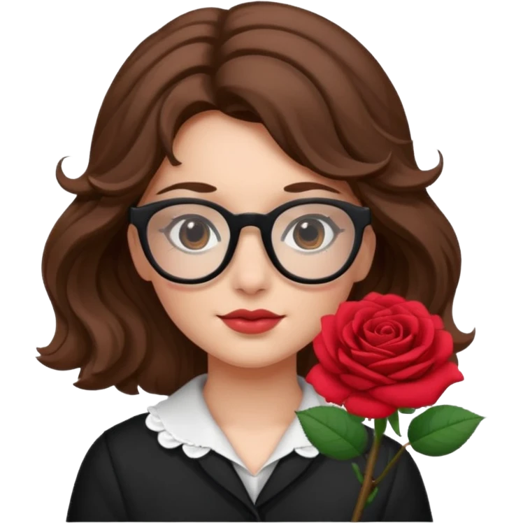 Una ragazza con capelli castani mossi e indossi occhiali neri e con una piccola rosa in testa emoji