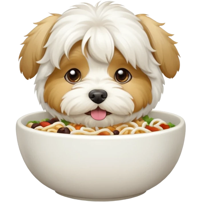 White havanese with big belly and bib eating out of bowl emoji
