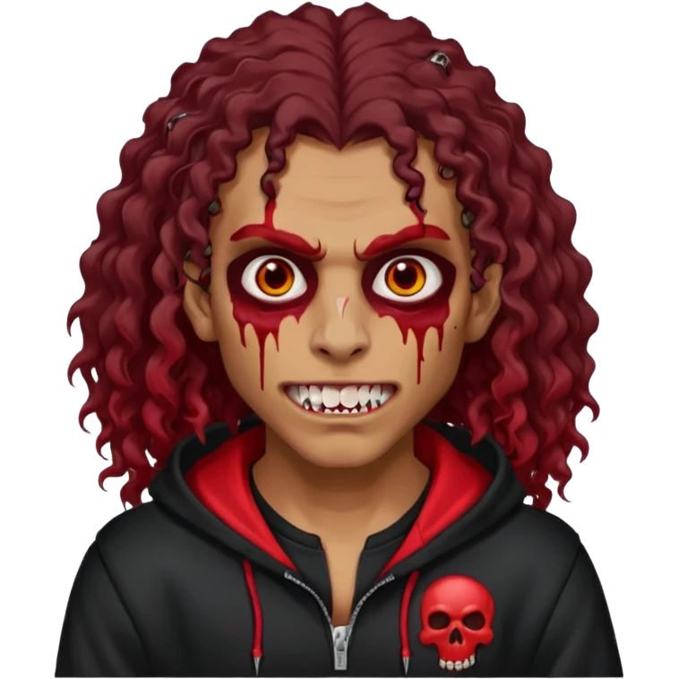 Vampire wearing black hoodie with a skull logo on it, long curly hair, brown skin, fanged teeth, blood under eye sockets/forehead, piercings on eyebrows and long curly hair with a patch (section) of red emoji