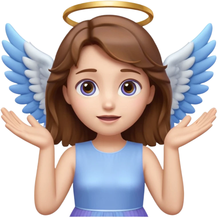 Cute 3D angel emoji, brown hair, glowing halo, small blue-white wings, pastel purple dress, hands raised, big expressive eyes, soft lighting, glossy texture, Pixar style, high detail emoji