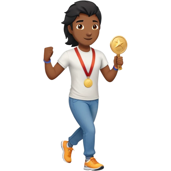 friendly anthropomorphised black stallion in jeans and a t-shirt, jogging upright in relaxed pose, holding a medal emoji