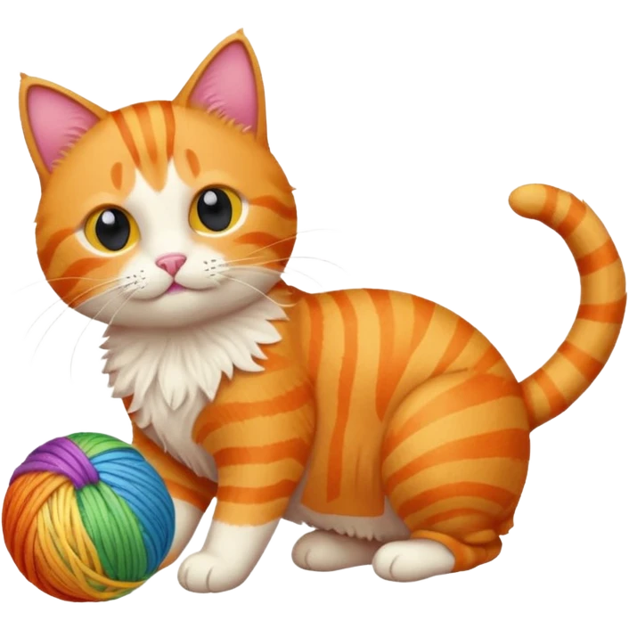 An orange kitty playing with a rainbow ball of yarn emoji