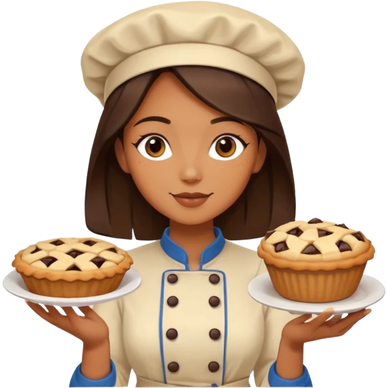 Baking community woman avatar in vibrant style illustration. Pie, cookie, and muffin warm golden tones, simple shapes, flat design, high contrast. emoji