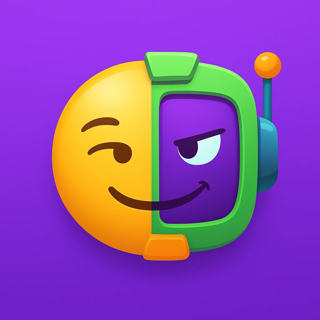 Make a sarcastic half-emoji, half-robot face, using the reference's purple, green, and orange colors. Show a sly, knowing smile or side-eye, blending emoji and robot features. emoji