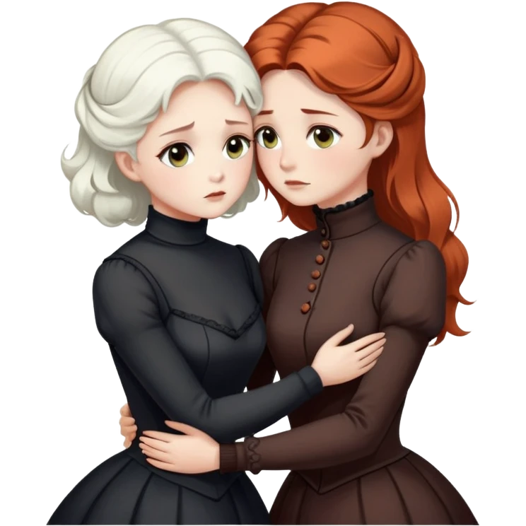Two Victorian women with light eyes, one with bright pure white coiffed hair and one with dark copper coiffed hair, wearing Victorian turtleneck dresses, embracing each other in a sad, intimate hug emoji