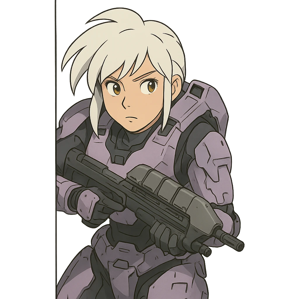 female, wearing reach spartan armor shoulder-unequip, long white braid hair with massive messy front side single bangs, gold yellow eyes, attention pose, HALO:series, no helmet, the armor is lavender color scheme, shoulder pad off. DDD bust size fitting. , peeking around a corner while aiming a classic HALO1 AR, tactical, lean emoji