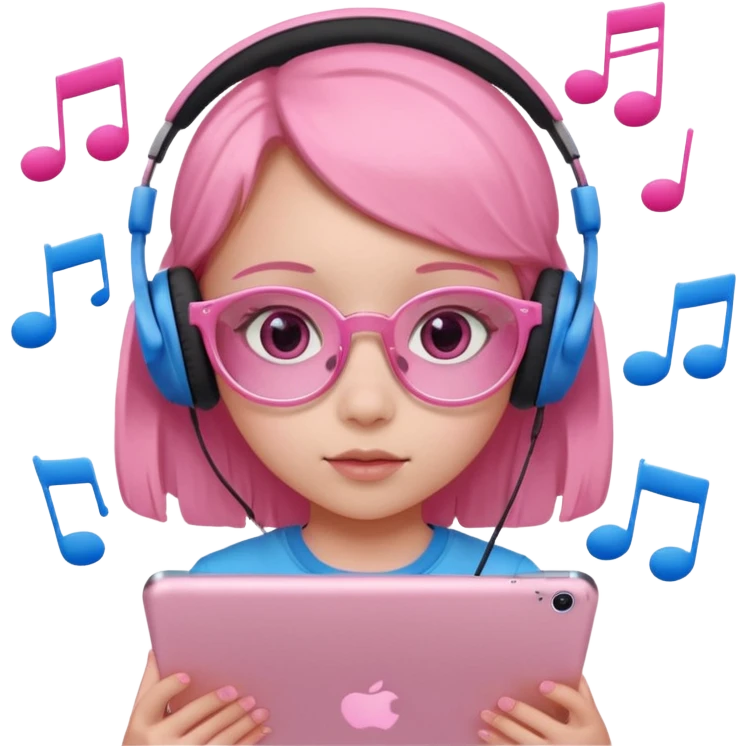 Little girl with headphones when pink eyes and pink iPad and pink dreamy background and rose colored glasses and blue music notes around her emoji