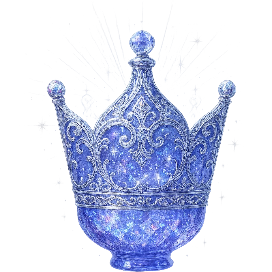 ultra luxurious crystal elixir bottle, elegant and clearly crown-shaped (not a flask), color #7986cb, multi-layered holographic and silver filigree, intricate crystal texture, magical glowing and sparkling effects, radiant light beams, very small neck, seamless and beautifully rounded closed bottom, transparent background, bottle clearly floating in air, no base or shadow, not standing, modern, collection style, extremely beautiful and refined emoji