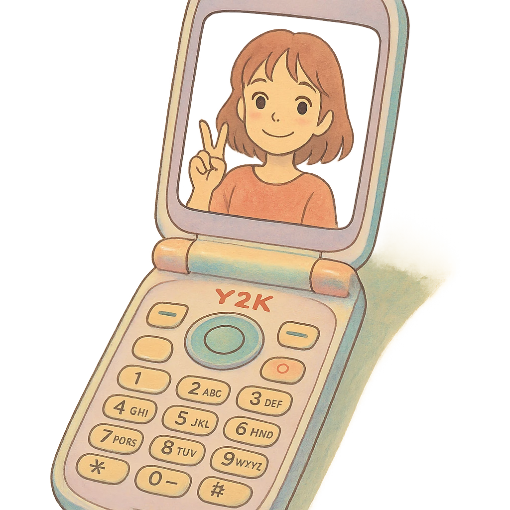 ghibli style Y2K folder phone, soft colors, whimsical, open with selfie emoji