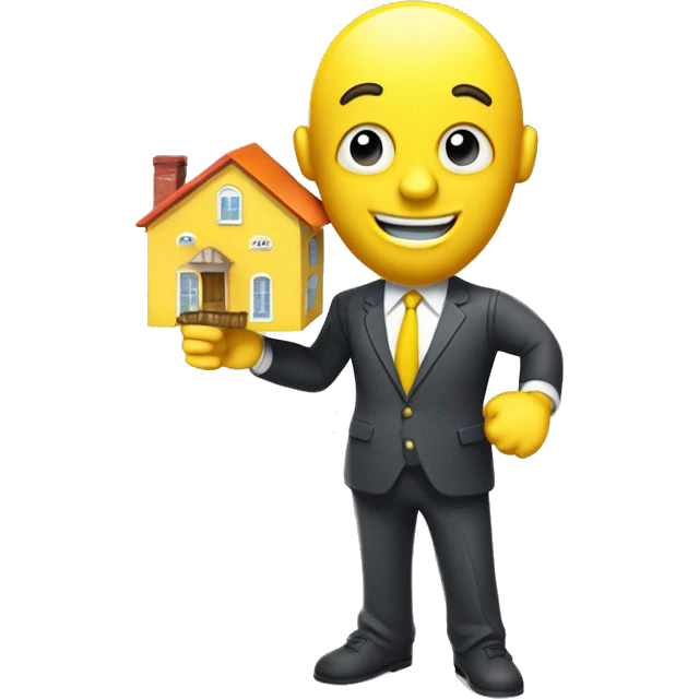  A ISOMETRIC VECTOR 3D cartoon character with a yellow body is holding a house-shaped sign that reads 'FUCCI' . The character is wearing a  suit, white shirt, and tie,  The character has an smiling emoji face and is giving a thumbs-up with their right arm emoji