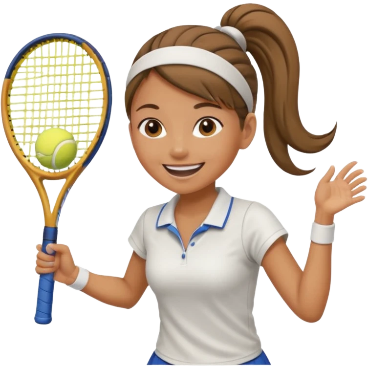 a woman with a ponytail swinging a tennis racket, mid-action, smiling emoji