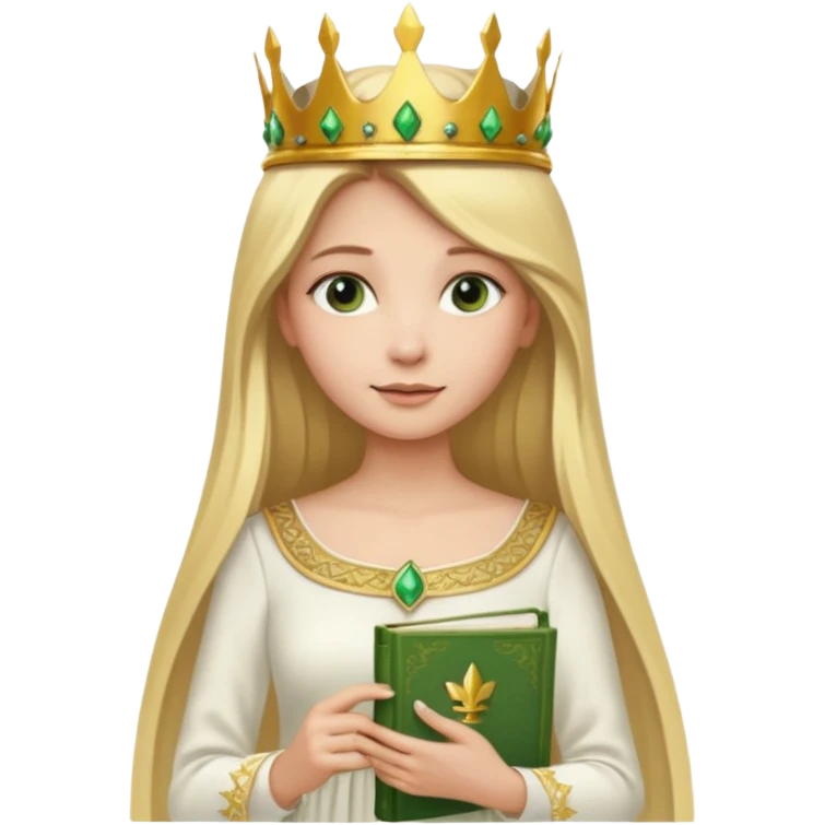 Long blonde straight Hair Women with green Book, white dress , crown

 emoji