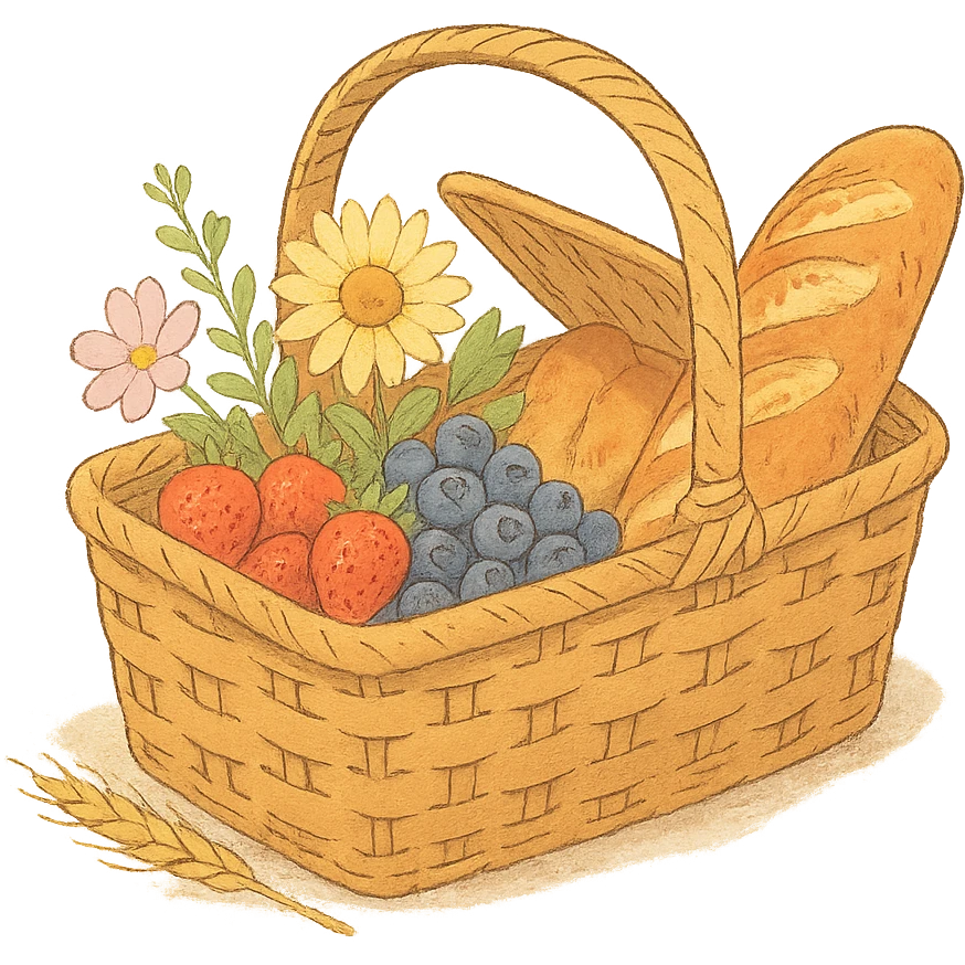 picnic basket with berries, bread, and flowers in warm pastel shades, soft Ghibli style emoji