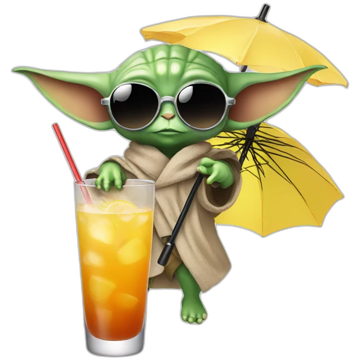 baby Yoda wearing sunglasses and drinking an umbrella cocktail emoji