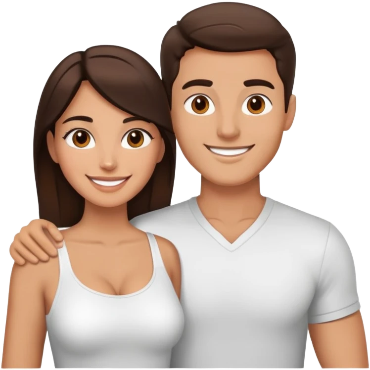 Attractive brunette man and woman with tan skin from chest up, smiling at camera emoji