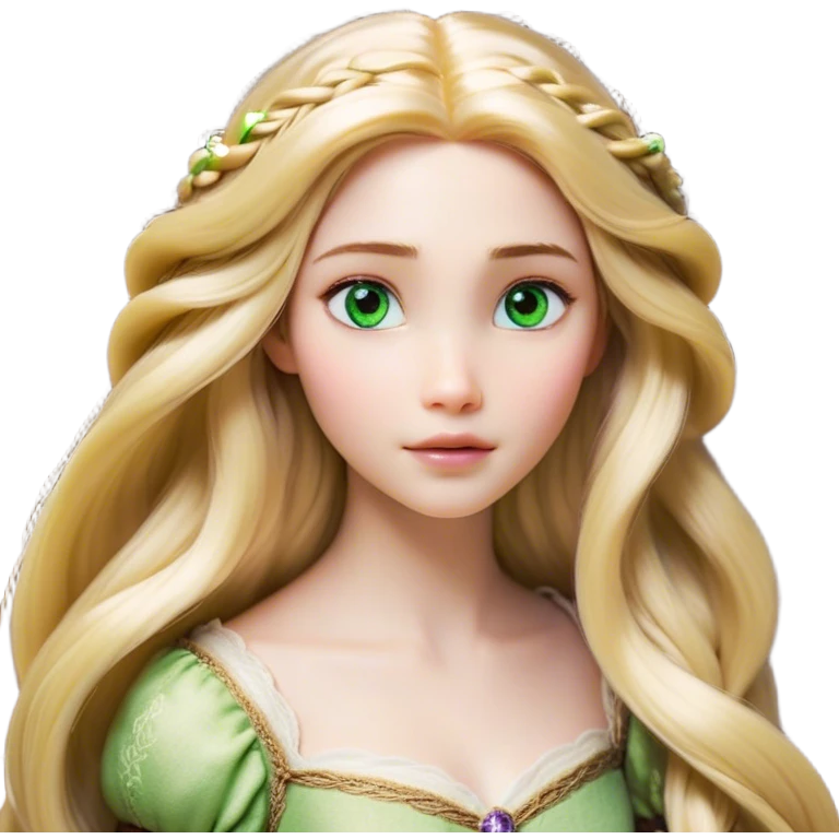 Cinematic Realistic Rapunzel Portrait, with porcelain-like skin featuring a subtle, natural glow, illuminated by soft lighting that brings out the gentle contours of her face. Her long, golden blonde hair cascades in detailed waves, each strand highlighted with a radiant shimmer as it catches the light. Her bright, expressive green eyes exude curiosity and warmth, framed by delicate lashes and soft, arched brows. Her expression is playful and vibrant, with a gentle smile. She is dressed in her classic lavender and pink gown, the fabric textured with delicate folds that flow naturally, catching the light with a soft, radiant glow. The portrait captures a luminous, enchanting aura, seamlessly blending realism with a whimsical, fairytale charm, evoking a timeless sense of beauty and magic. emoji