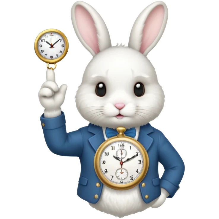 white bunny with a clock on his hand signaling the clock emoji