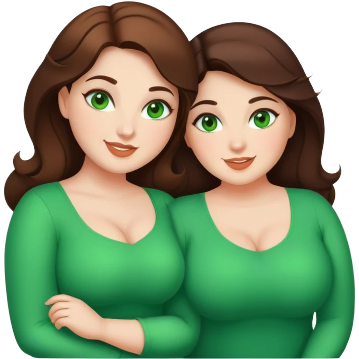 Happy curvy sisters, brunettes, green eyes emoji