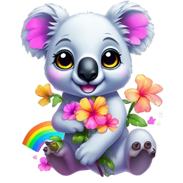Lisa Frank koala bear with rainbow eyes with flowers emoji
