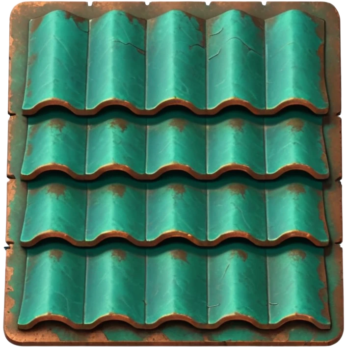 3D render of Roof Tile, heavily oxidized copper texture, verdigris patina, Aged green copper shingle, weathered bronze aesthetic, ancient decay, emoji style, isolated on white background --v 6.0. emoji