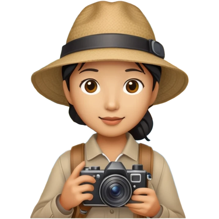 Asian tourist with camera and map, wearing hat emoji