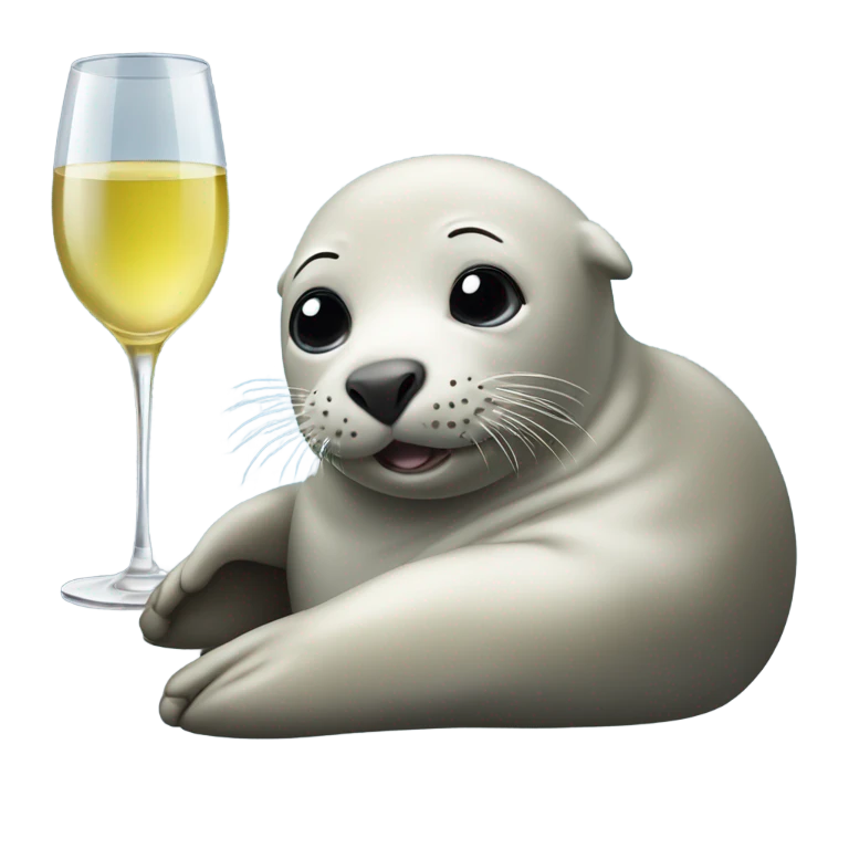 A grey seal lying down holding a glass of white wine emoji
