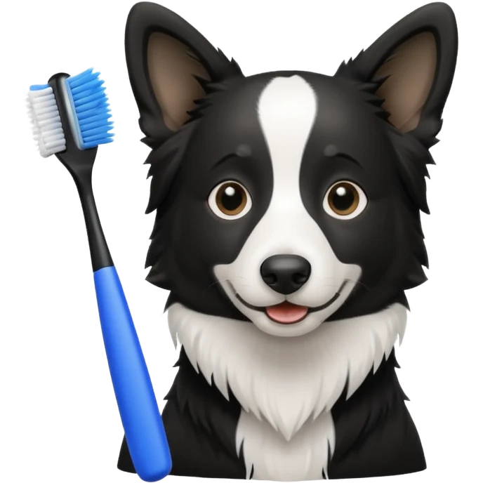 border collie black and white holding a blue toothbrush emoji