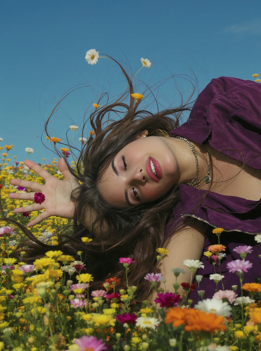 Closeup photo of a woman falling down (almost hit the ground) around colorfull flowers wearing alternative fashion, blue sky minimalistic background emoji