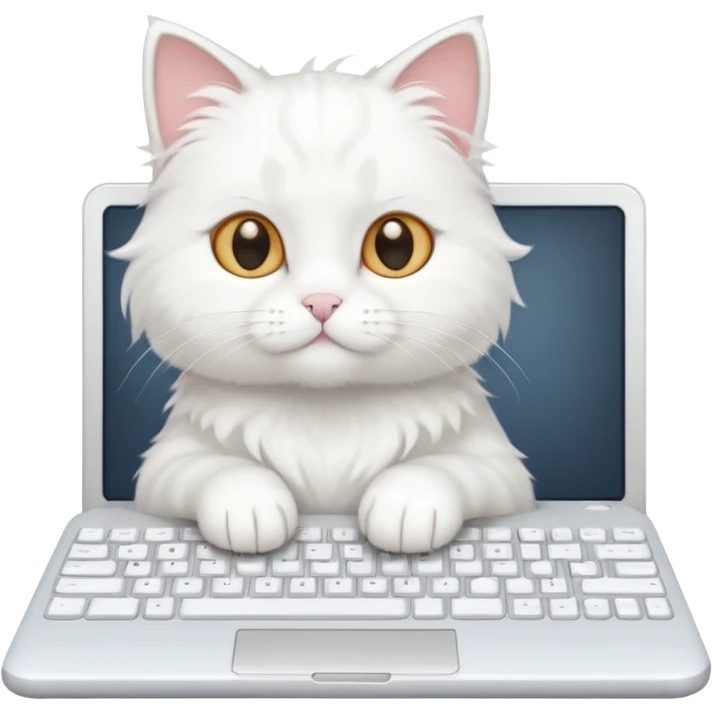 white cat on a bed, paws on a computer keyboard, cute and clear emoji