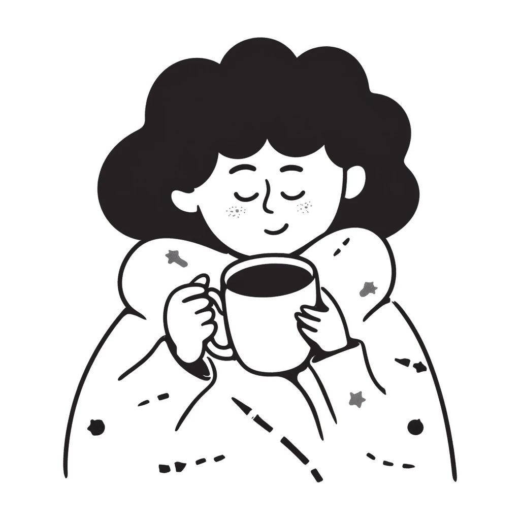 White girl with curly brunette hair snuggled in a blanket sipping coffee with eyes closed, feeling warm and content emoji