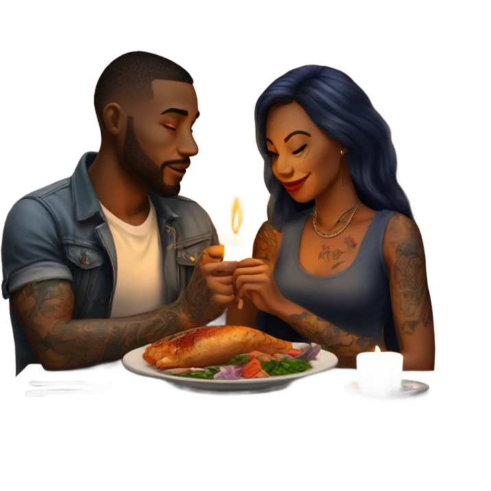 Romantic candlelit dinner date with hyper Realistic tattooed couple in love  emoji