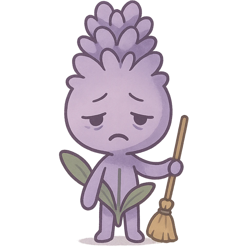 chibi style lavender flower, soft purple, holding a tiny broom, tired face, full-body emoji