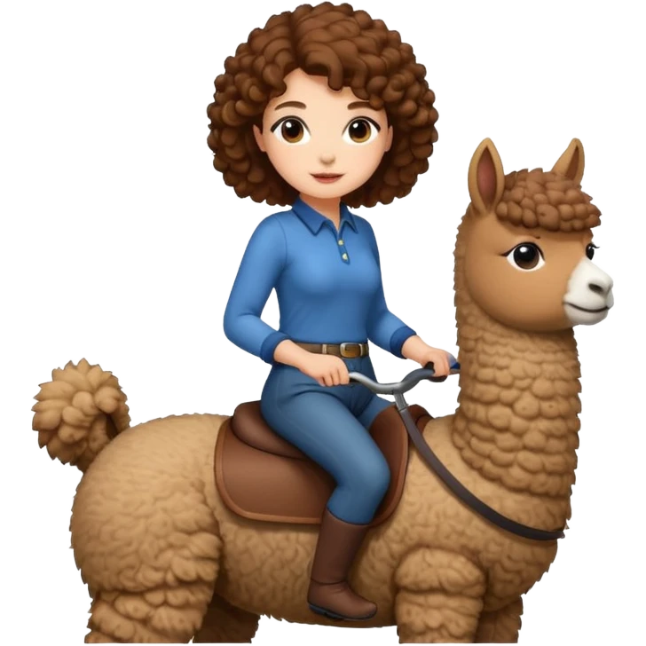 cute woman short tight curly brown hair riding an alpaca emoji