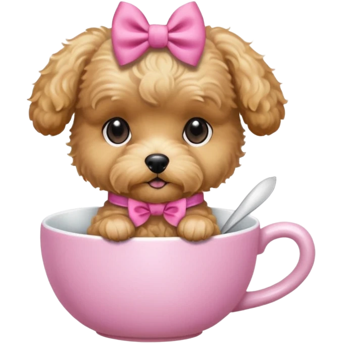 Golden maltipoo dog with pink bow k bow that is very poise make it have a cup of tea emoji