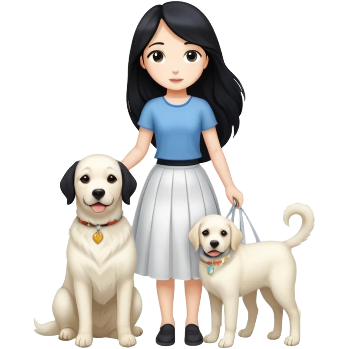 A girl with long black hair, a beautiful white skirt and fair skin is holding a white Labrador emoji