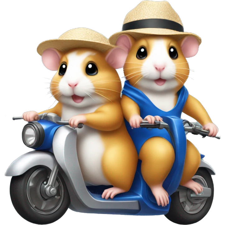Two hamsters in swimwear and sun hat driving motorbike emoji
