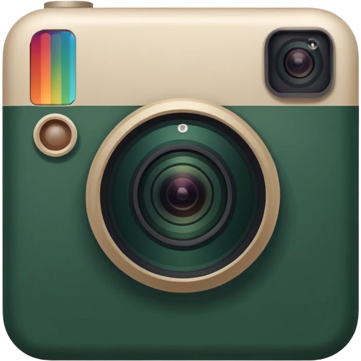 Instagram logo in iOS style, dark green with light beige elements, no other colors, square with rounded corners, large camera lens, minimalist design emoji