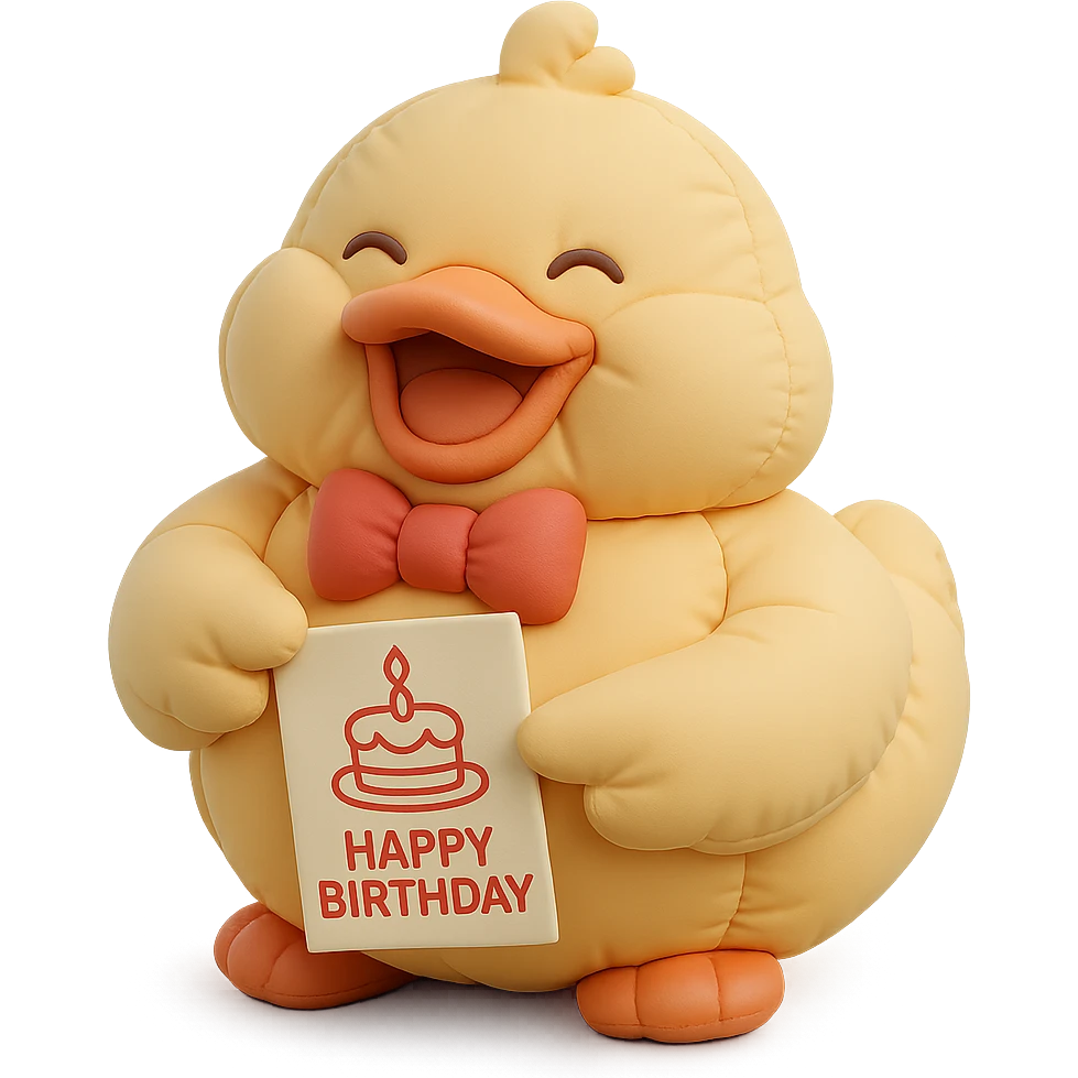 laughing duck with bowtie holding birthday card, flawless and visually perfect, no imperfections, cushion style emoji