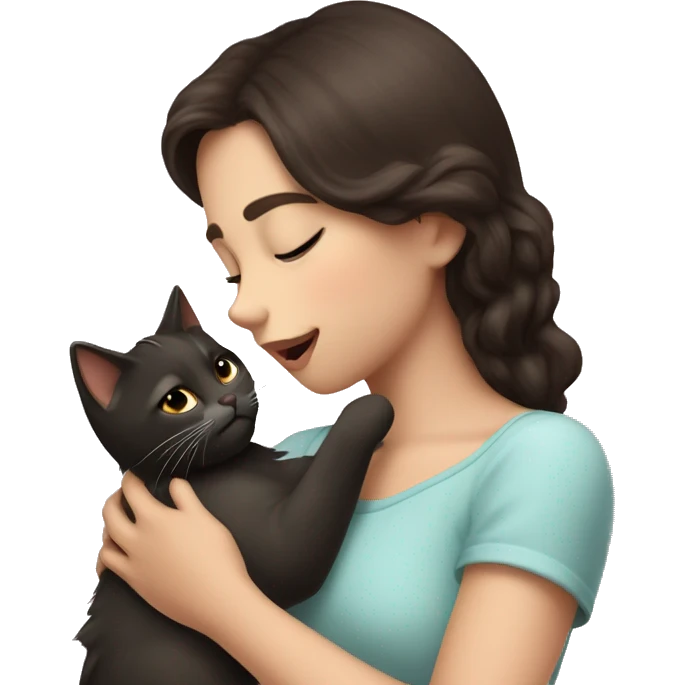 A pale girl with dark brown hair and dark brown eyes kisses a cat in her hands emoji