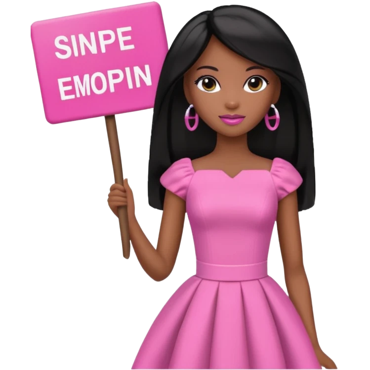 Black barbie, long black  hair, pink dress holding sign, that says snipe emoji