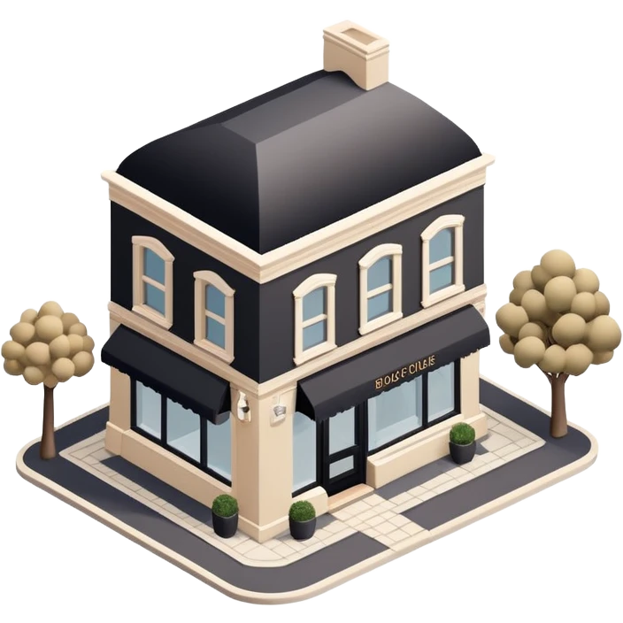 Isometric exterior little black, beige, and white clothing boutique, dollhouse style 3D realistic  emoji
