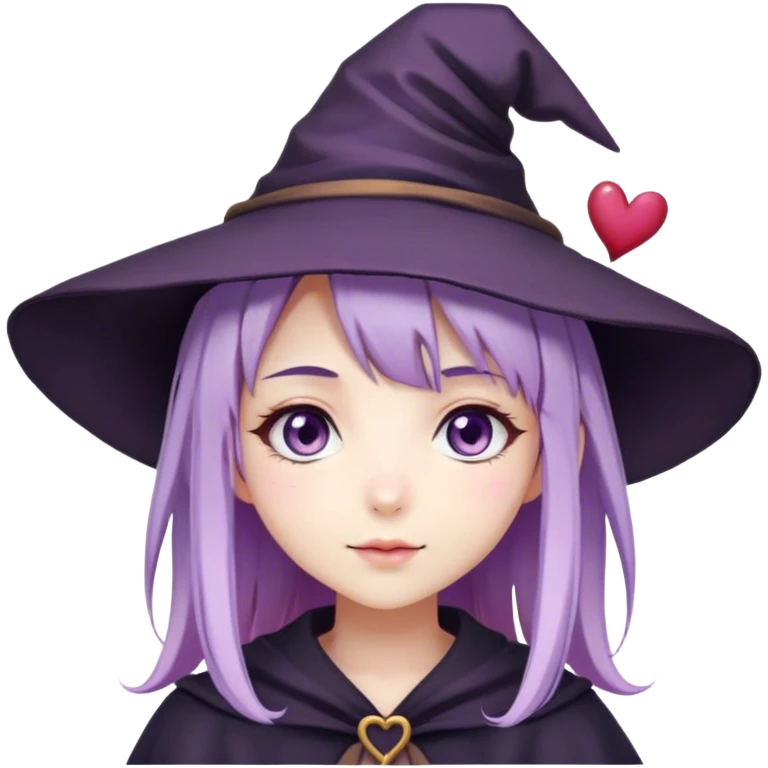 cute anime girl with lilac hair in a witch hat in love with hearts instead of eyes emoji
