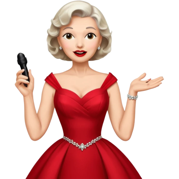 Older woman – elegant gown, 50s, diva, red dress, expressive singing pose emoji