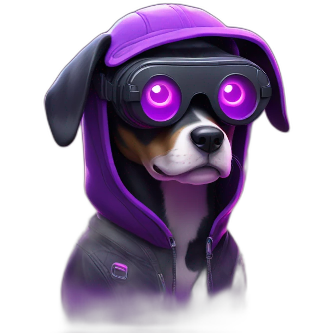 funny dog wearing a black hoodie with "OMG" letters on it and VR headset in a cyberpunk VR environment with violet neon lighting. emoji